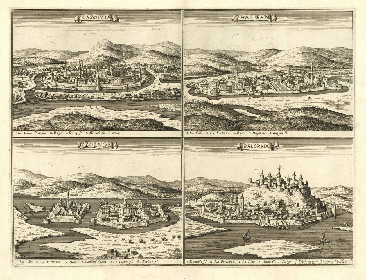 Kassa, Hatvan, Szolnok és Belgrád vára (Giovanni Giacomo De Rossi, 1683) alkotó: Giovanni Giacomo De Rossi