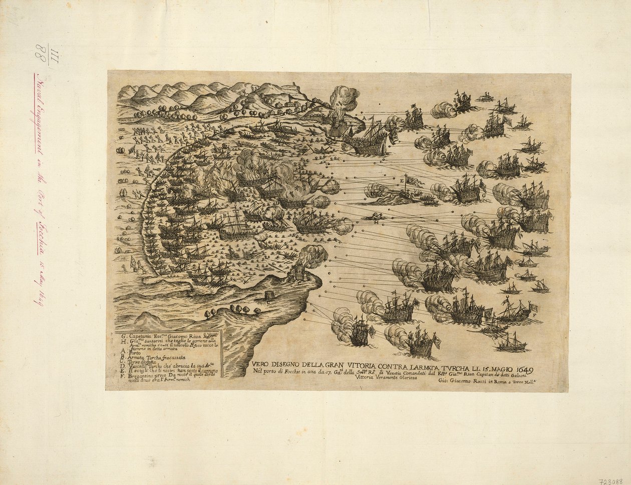 A LARMATA TVRCHA LI ELLENI NAGY GYŐZELEM IGAZI TERVE. 1649. MÁJUS 15. Focchie kikötőjében Ázsiában by. 17. Ga:ni a velencei Sere:ma Re.a parancsnoka Ecc:mo Gia.mo Riua az említett gályák kapitánya Igazán dicsőséges győzelem. alkotó: Giovanni Giacomo De Rossi