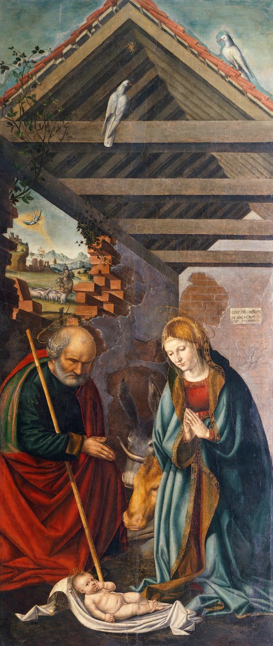 A gyermek imádása, a Triptichon központi táblája, amely a Születést ábrázolja Szent Ferenc és Szent Bertalan két adományozóval. alkotó: Giovanni Girolamo Savoldo