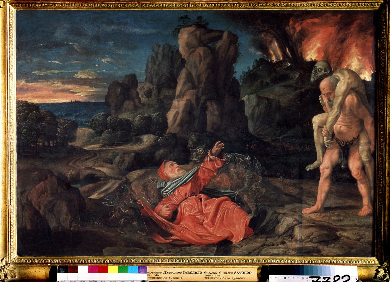 Szent Antal megkísértése (The temptation of Saint Anthony). Giovanni Girolamo Savoldo (1480 vagy 1485-1548) festménye. Olaj, fa, 58 x 86 cm, 1530 körül. Puskin Szépművészeti Múzeum, Moszkva. alkotó: Giovanni Girolamo Savoldo