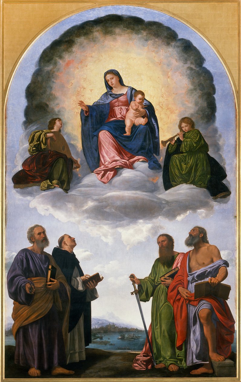 Madonna dicsőségben a Krisztus Gyermekével, Két angyal zenész, Szent Péter, Szent Domonkos, Szent Pál és Szent Jeromos (Pesaro oltárkép) alkotó: Giovanni Girolamo Savoldo