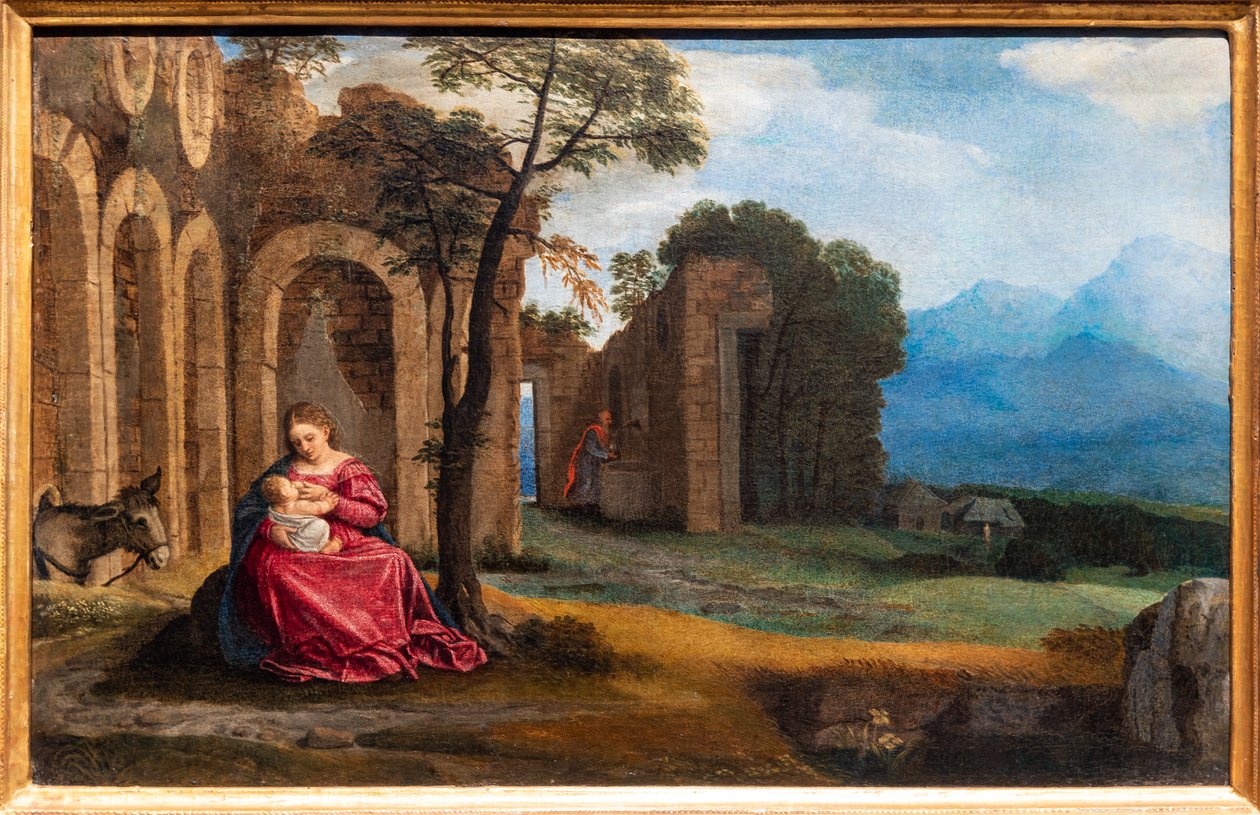 Pihenés az egyiptomi repülés alatt alkotó: Giovanni Girolamo Savoldo