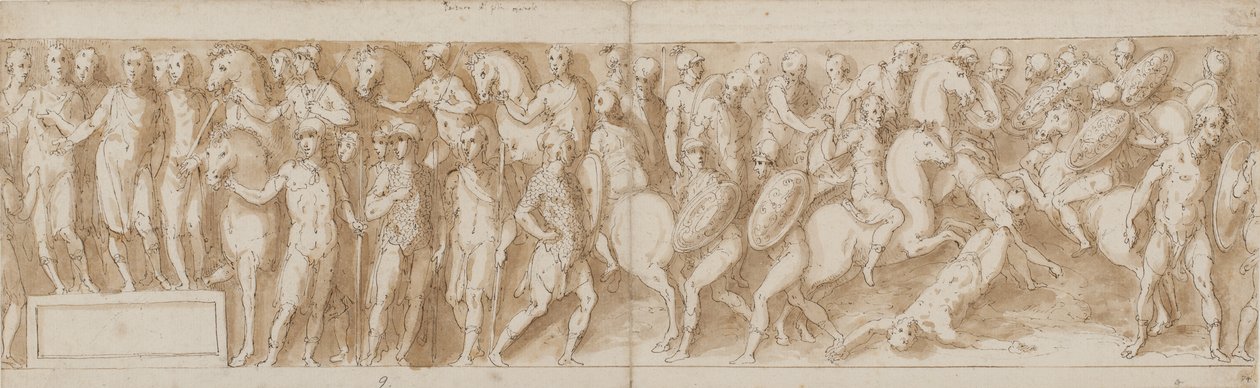 Marcus Aurelius jelentést kapott a nők elfogásáról (LXXXVI.); Marcus Aurelius egy menetből érkezik (LXXXVII); német főnököt elvisznek (LXXXVIII.); a főnök utolsó emberei leesnek (egy hídról, amelyet Guerra nem reprodukált) (LXXXIX) alkotó: Giovanni Guerra