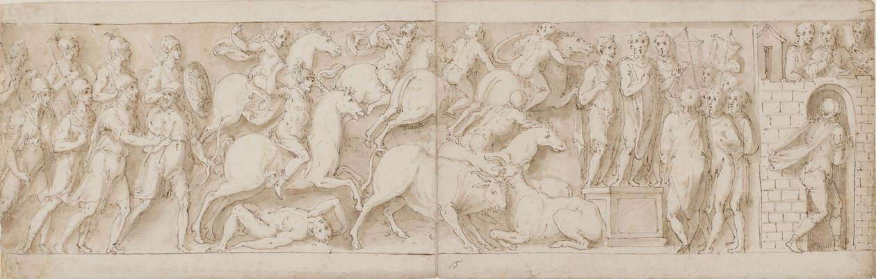 római íjászok(?), római roham (XCIX); Marcus Aurelius megszólítja őreit (C); Marcus Aurelius figyelmeztetést kapott (CI) alkotó: Giovanni Guerra