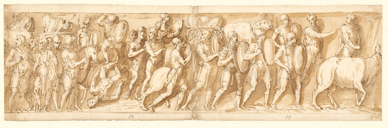 Rómaiak a menetben (XXXVI); Marcus Aurelius, Pompeius és egy kísérője nézik a menetet (XXXVII); menet megállítása (XXXVIII) alkotó: Giovanni Guerra