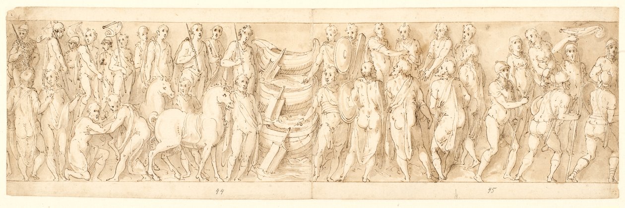 A szarmaták megadják magukat (LIII); A németeket átvezetik a Dunán (LIX); A németeket a szarmaták vádolják Marcus Aurelius előtt (LX); egy lefejezési jelenet kezdete (LXI) alkotó: Giovanni Guerra