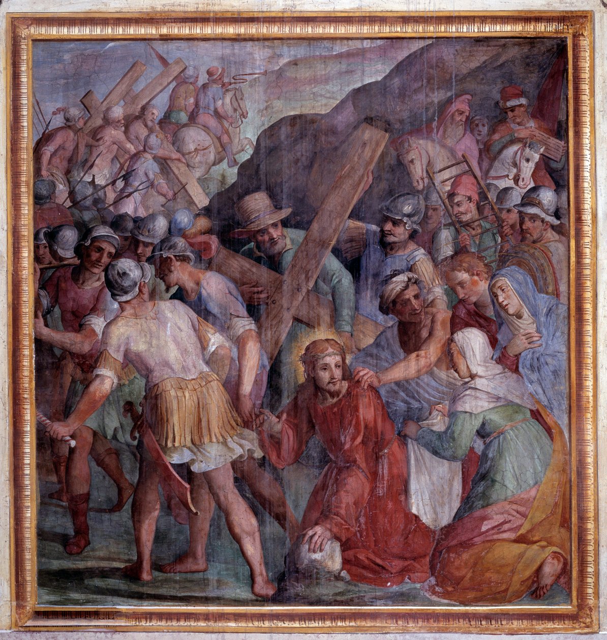 Krisztus szenvedése: A bukás a kálváriára vezető úton (Freskó alkotó: Giovanni Il Cosci Balducci