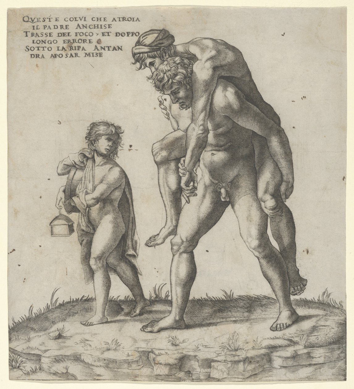 Aeneas megmenti Anchisest, egy fiatal fiút, aki balra lámpást cipel, kb. 1525., kb. 1525. alkotó: Giovanni Jacopo Caraglio
