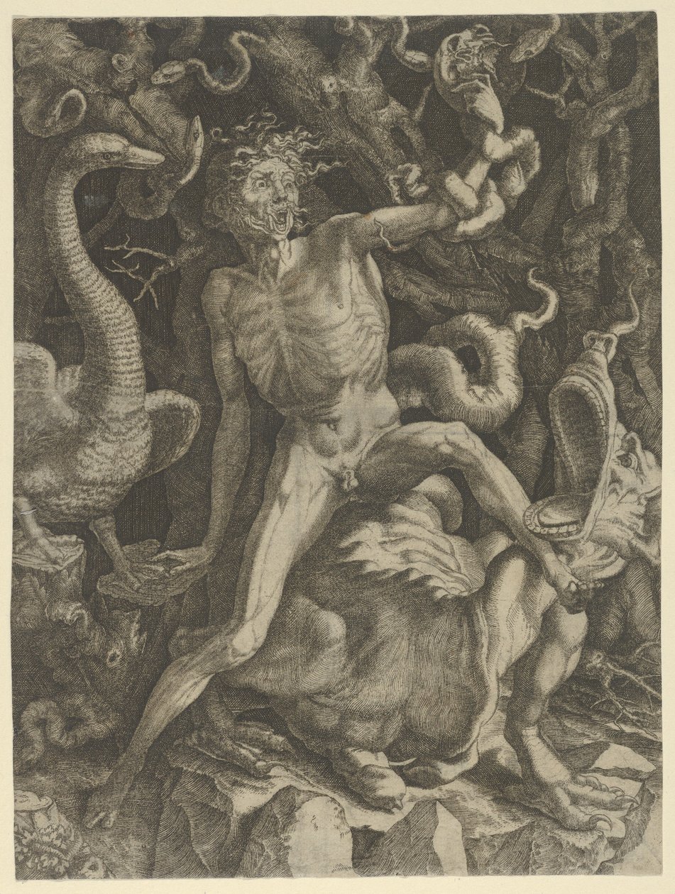 Fury egy szörnyen lovagló, bal kezében koponyát tartó öregemberként személyesített meg, kb. 1520-39. alkotó: Giovanni Jacopo Caraglio