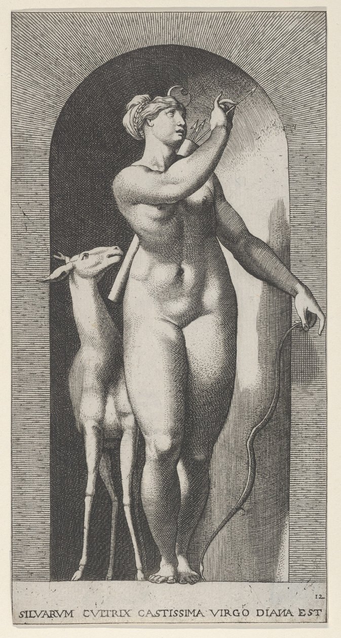 12. tábla: Diana egy fülkében áll, balra fordul, és egy nyilat húz ki a qu..., 1526. alkotó: Giovanni Jacopo Caraglio