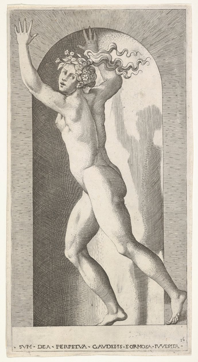 16. tábla: Hebe egy fülkében, kezével a levegőben, balra fut, miközben a ...-ra néz, 1526. alkotó: Giovanni Jacopo Caraglio