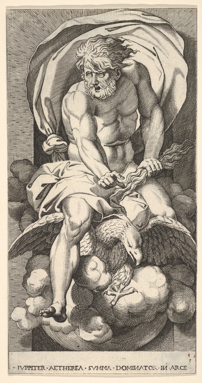 3. tábla: Jupiter egy résből kiemelkedik, sason lovagol, villámot tart a kezében, 1526. alkotó: Giovanni Jacopo Caraglio