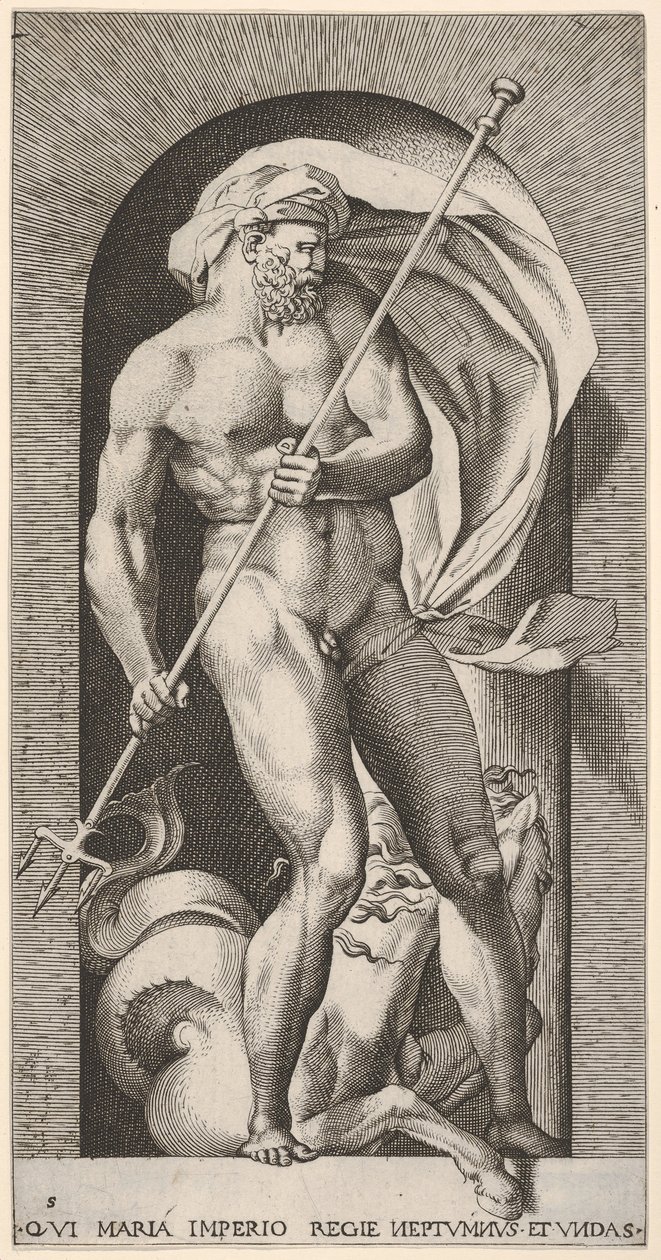 5. tábla: A fülkében álló Neptunusz háromágú, hippokampuszos tengeri ló beh..., 1526. alkotó: Giovanni Jacopo Caraglio