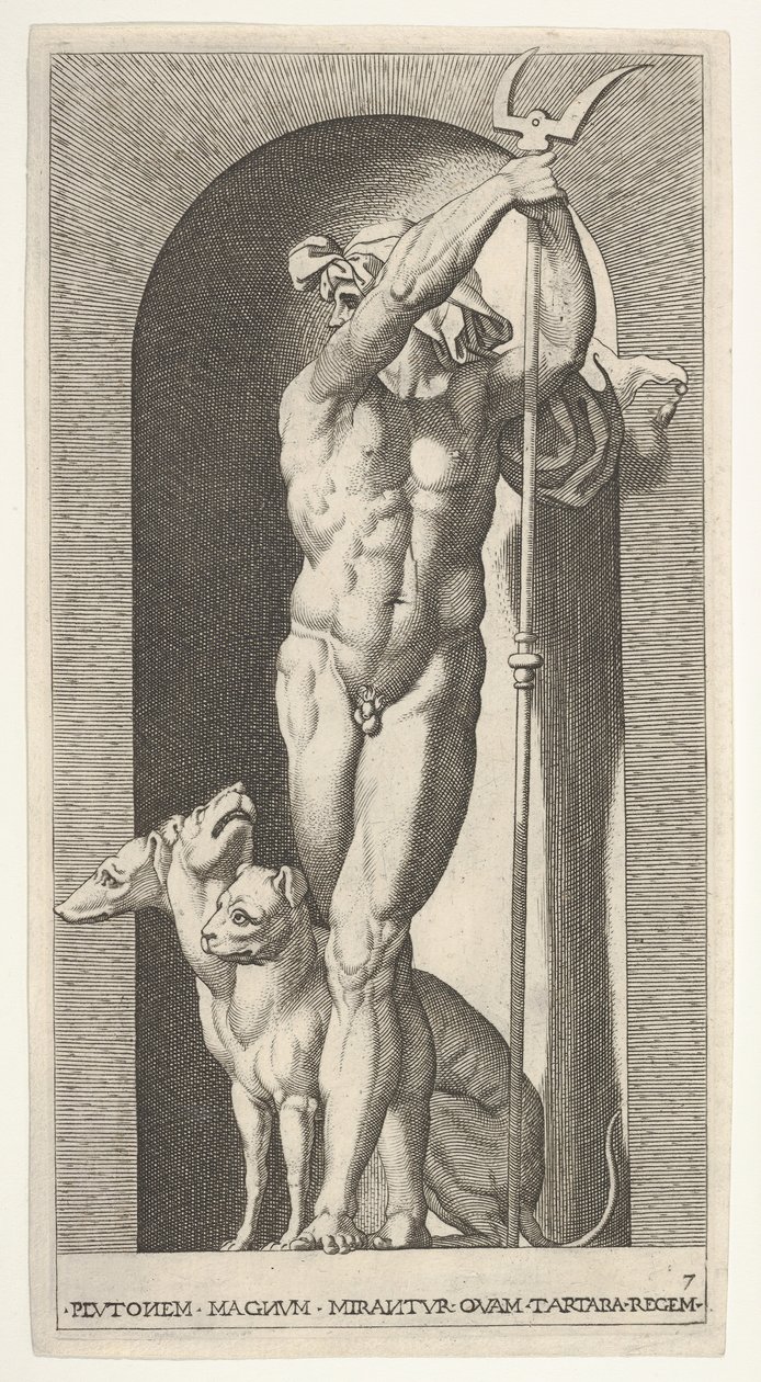 7. tábla: Plútó fülkében, kezében bident, mellette Cerberus, a m... sorozatból, 1526. alkotó: Giovanni Jacopo Caraglio