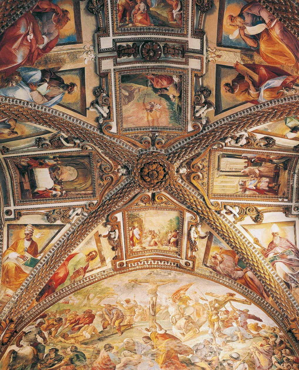 A keresztre feszítést ábrázoló presbitériumi boltozat, Giovanni Lanfranco (1582-1647) és jelenetek az Ó- és Újszövetségből, Giovanni Bernardino Azzolino (1572-1645), Certosa of San Martino, Nápoly, Campania, Olaszország alkotó: Giovanni Lanfranco