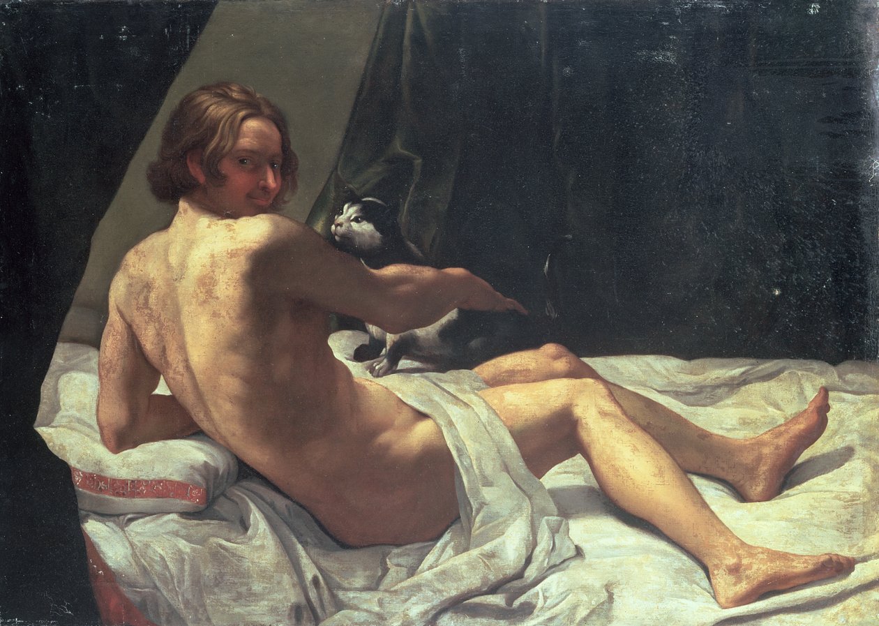 Fiatal férfi egy ágyon fekve macskával, 1620 alkotó: Giovanni Lanfranco