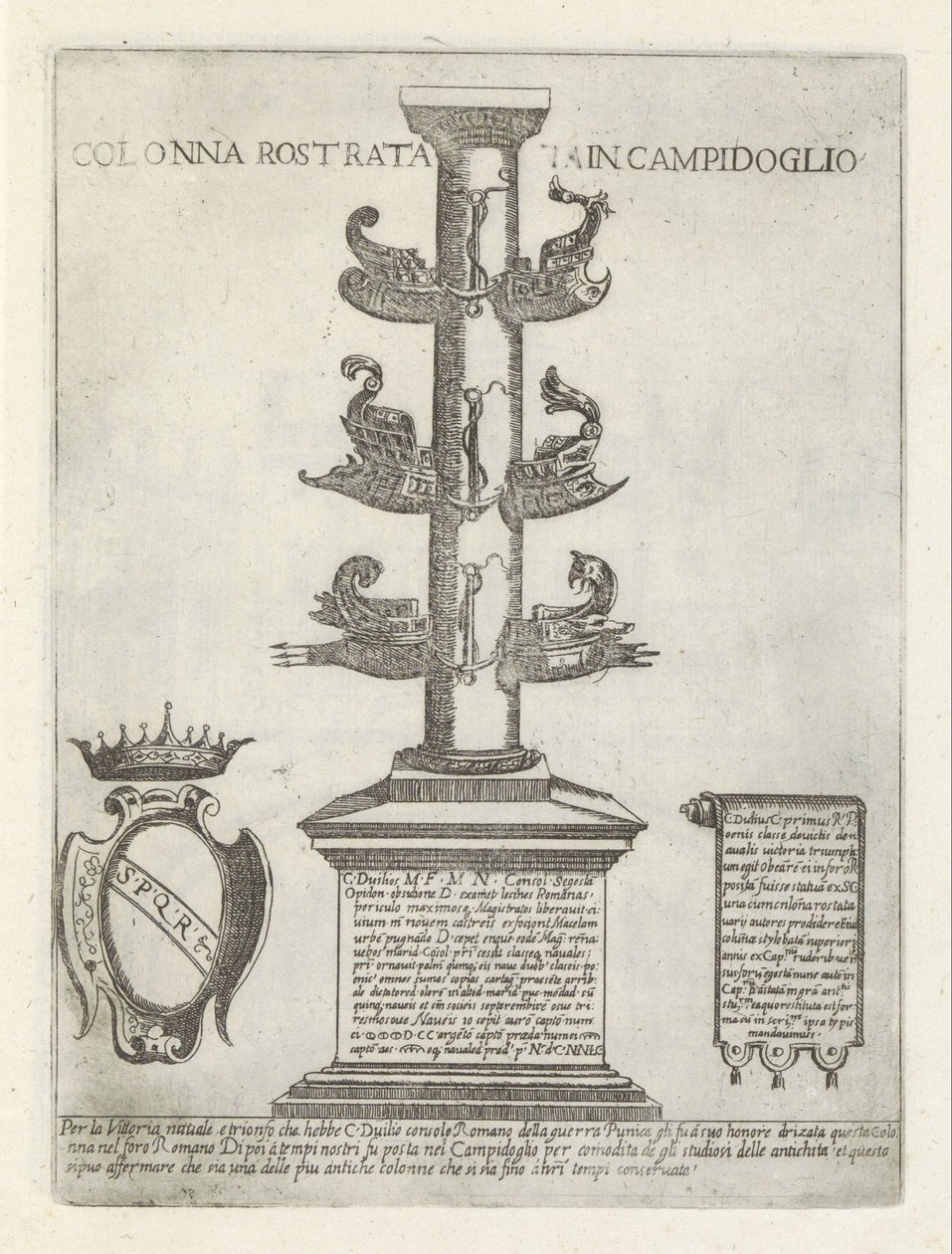 Rostral oszlop Colonna rostrata in Campidoglio (cím a tárgyon) Moderne en antieke monumenten en bouwwerken in Rome (sorozat címe) Róma almaváros ókori és modern épületeinek díszei (sorozat címe) alkotó: Giovanni Maggi