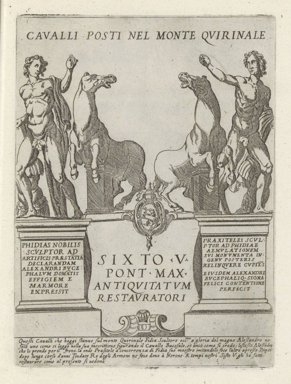 Dioscuren op de Quirinaal A Quirinale-hegyben elhelyezett lovak (cím a tárgyon) Moderne en antieke monumenten en bouwwerken in Rome (sorozat címe) Róma almaváros ókori és modern épületeinek díszei (sorozat címe) alkotó: Giovanni Maggi