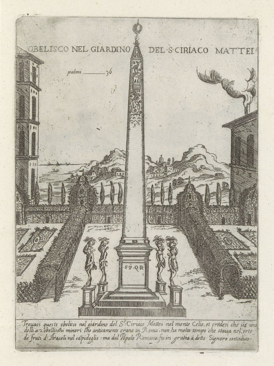 Obeliszk Ciriaco Mattei-ben Obeliszk S ciriaco Mattei kertjében (cím a tárgyon) Moderne en antieke monumenten en bouwwerken in Rome (sorozat címe) Róma almaváros ókori és modern épületeinek díszei (sorozat címe) alkotó: Giovanni Maggi