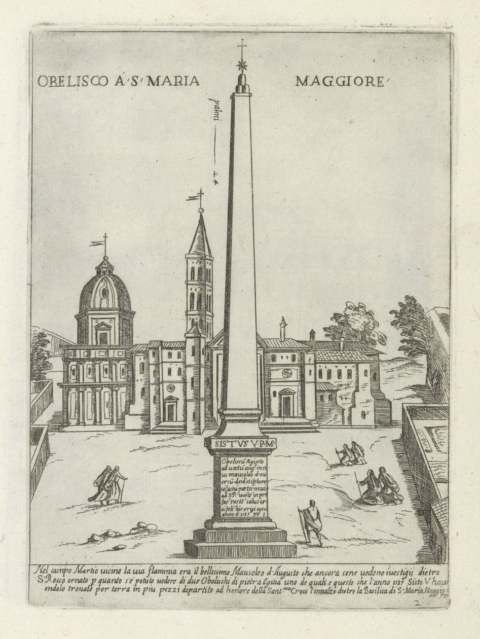 Obelisk voor de Santa Maria Maggiore Obeliszk a S. Maria Maggiore-ban (cím a tárgyon) Moderne en antieke monuments en bouwwerken Rómában (sorozat címe) Róma Almaváros ókori és modern épületeinek díszei (sorozat címe) alkotó: Giovanni Maggi
