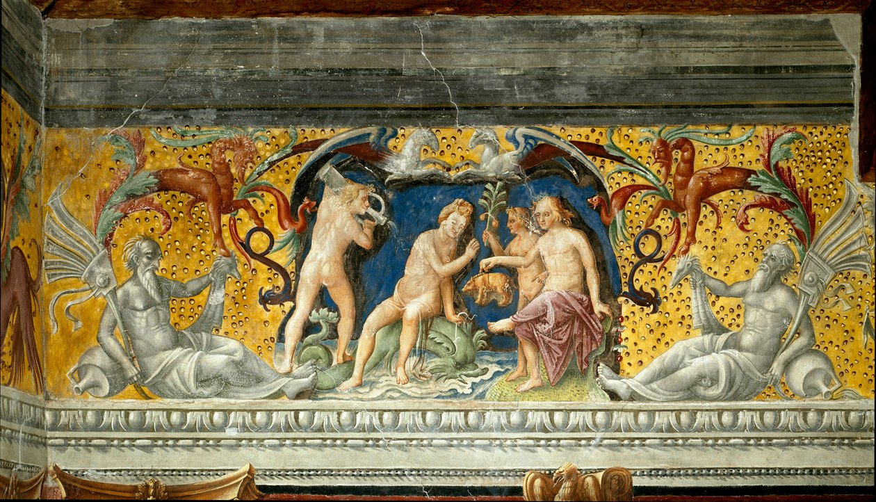 Egy tengeri istenségnek felajánlanak egy kis vaddisznót Giovanni Maria Falconettónak (1468-1534) 1520-ban tulajdonított fríz részlete Mantua, Palazzo d