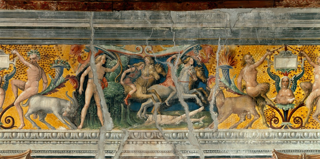 Apolló nyilakkal megöli a Niobideseket, Niobe fiát, Giovanni Maria Falconettónak (1468-1534) tulajdonított fríz részlete 1520-ban Mantua környékén, Palazzo d