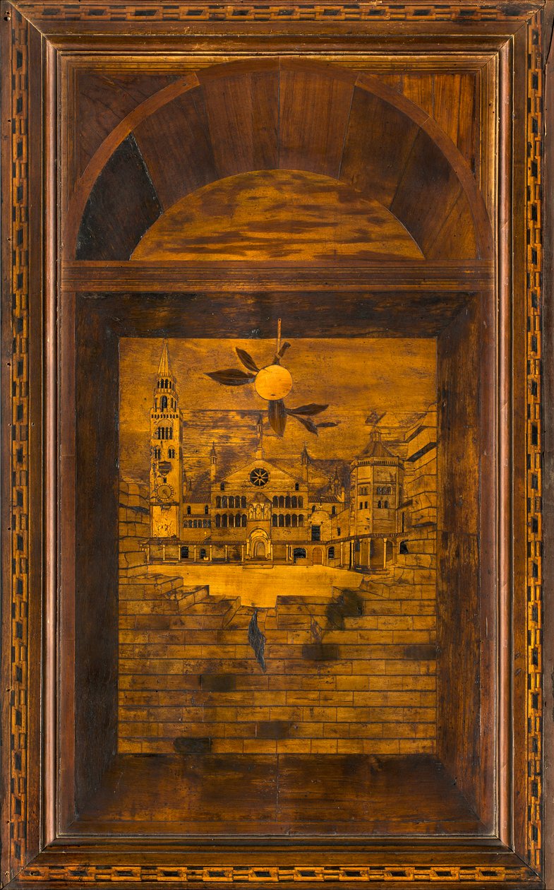 Lignaean Kanonikus Kórus, Giovanni Maria Platina intarzia 1484, Felső Stall, Piazza del Duomo Cremonában alkotó: Giovanni Maria Platina