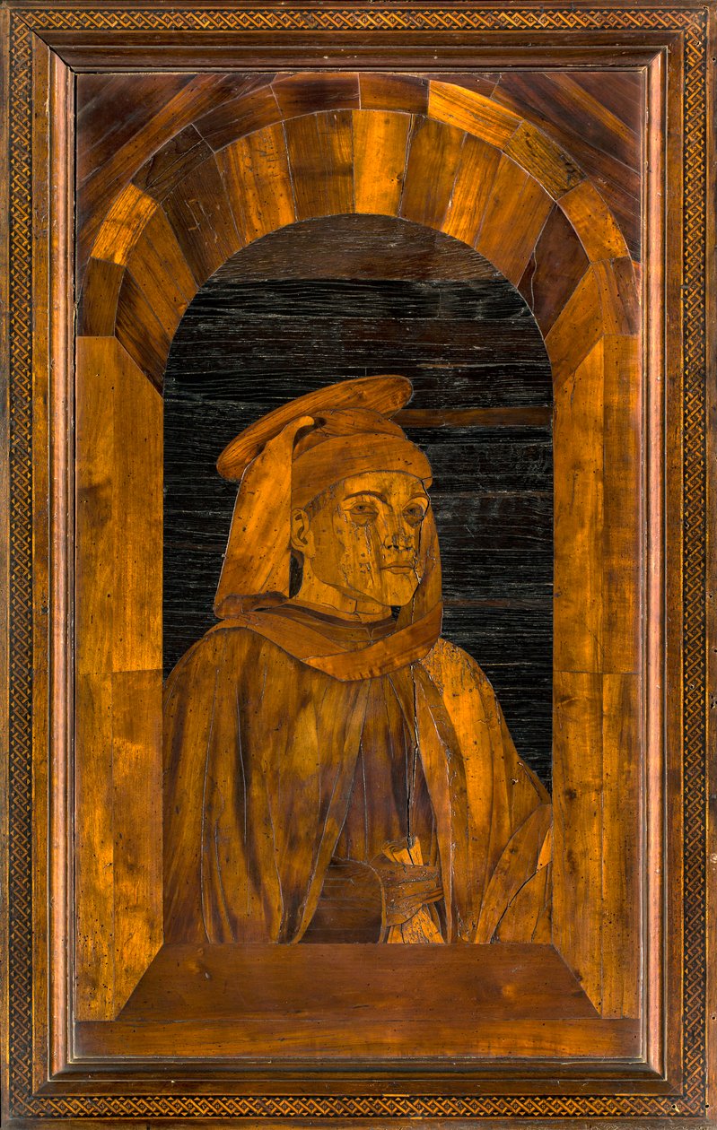 Lignaean Canonical Choir, intarzia: Giovanni Maria Platina 1484, Upper Stall, Sant
