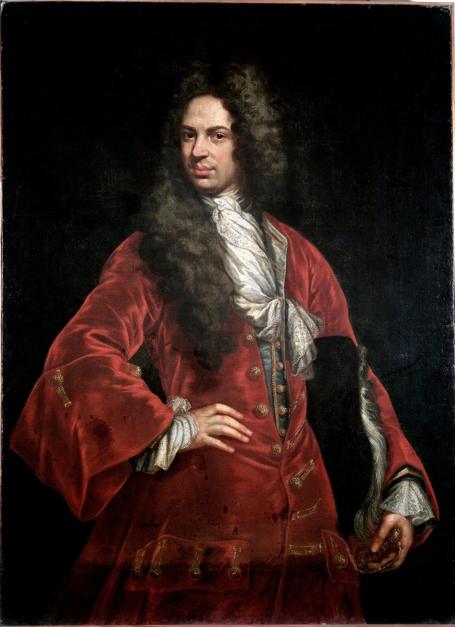 Vörös kosztümös úriember portréja Giovanni Maria Delle Piane dit il Mulinaretto festménye (1660-1745) Mérete 132x97 cm Genes Musei di Strada Nuova (ex Palazzo Bianco) alkotó: Giovanni Maria delle called Mulinaretto Piane