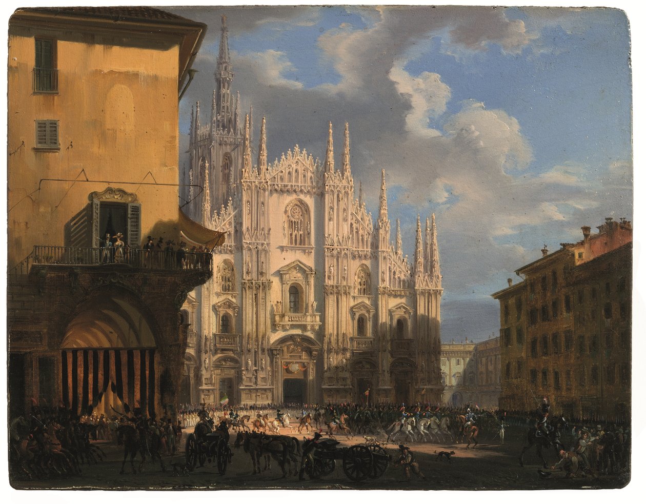 Kilátás a Piazza Duomo-ra a fedett dei Figinivel és az Isolate del Rebecchino-val, Milánó (olaj, panel) alkotó: Giovanni Migliara