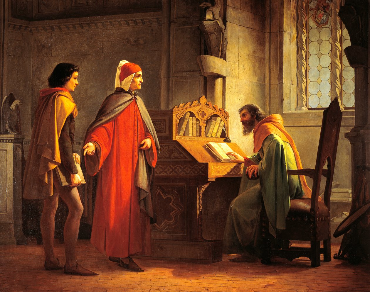 Dante Alighieri (1265-1321) bemutatja Giottót Guido da Polentának, Giovanni Mochi (1829-1892), olaj a fedélzeten alkotó: Giovanni Mochi