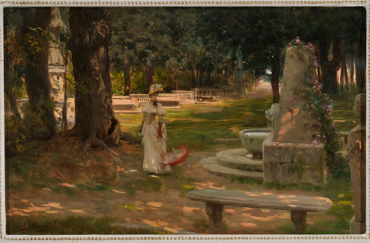 Séta a Villa Borghese-ben (olaj, panel) alkotó: Giovanni Muzzioli