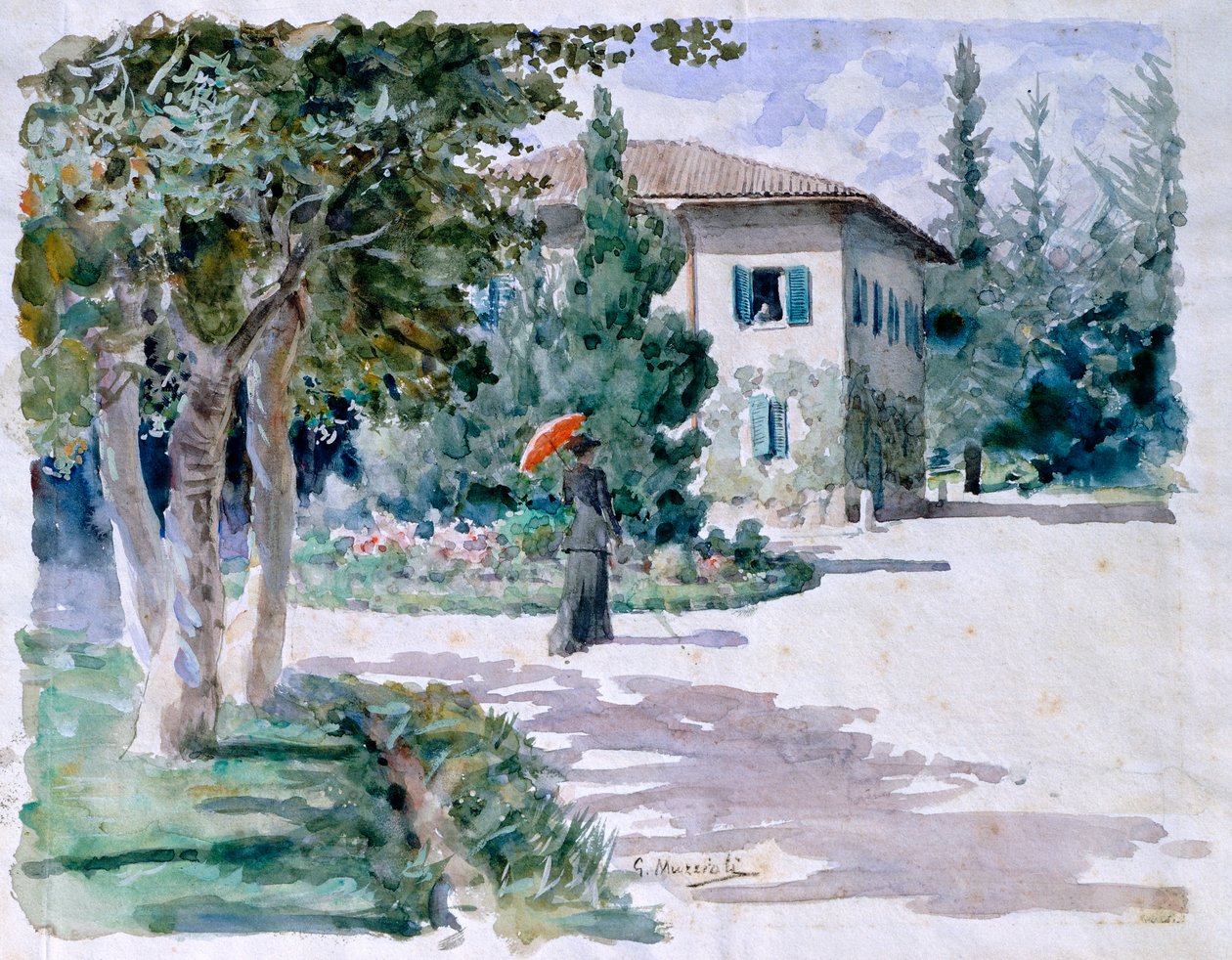 Piros esernyő, Giovanni Muzzioli (1854-1894), akvarell, világos papír, 305x392 mm alkotó: Giovanni Muzzioli