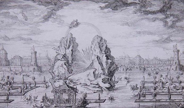 Tűzijáték a Dauphin (XV. Lajos fia) születésének megünneplésére Jean Dumont (Le Romain) metszete (1701-81) 1730 (rézkarc) alkotó: Giovanni Niccolo (after) Servandoni