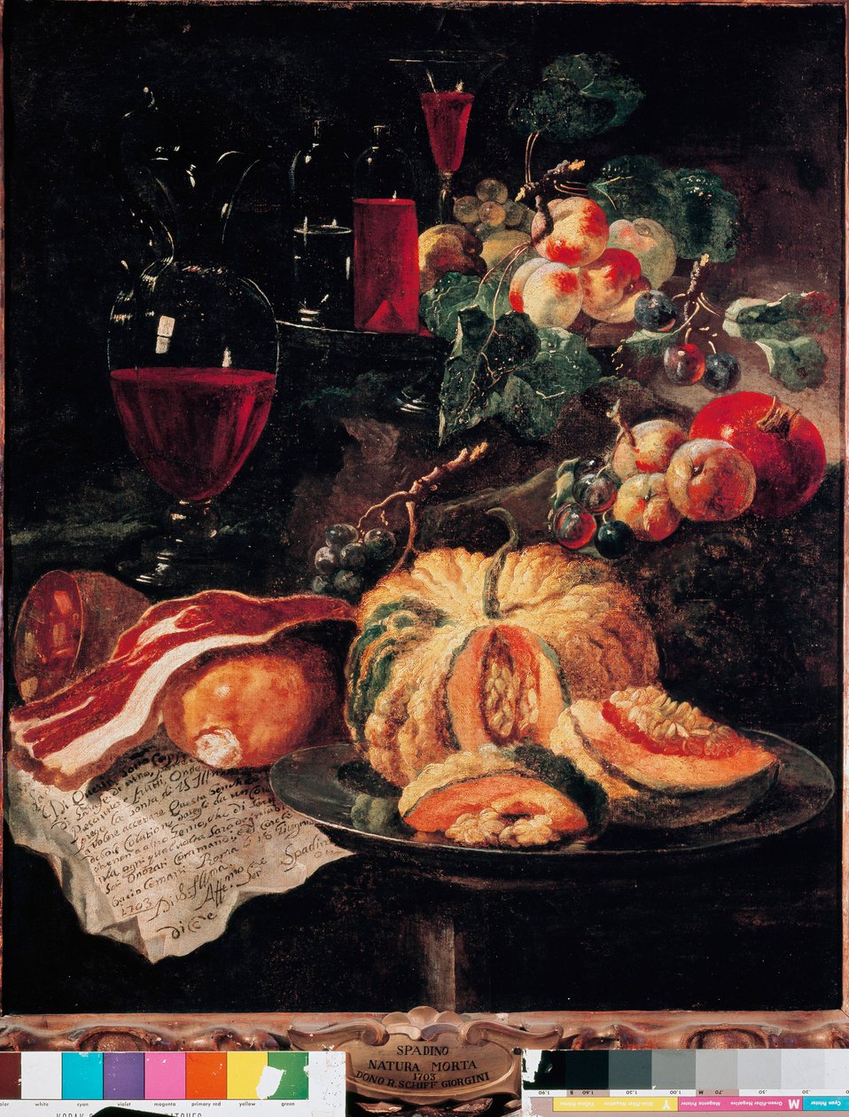 Csendélet Sütőtök, szalonna, sonka, őszibarack és bor. Giovan Paolo Castelli dit Lo Spadino (1659-1730) festménye 1703 Róma, Conservatori capitolini Múzeum alkotó: Giovanni Paolo Castelli