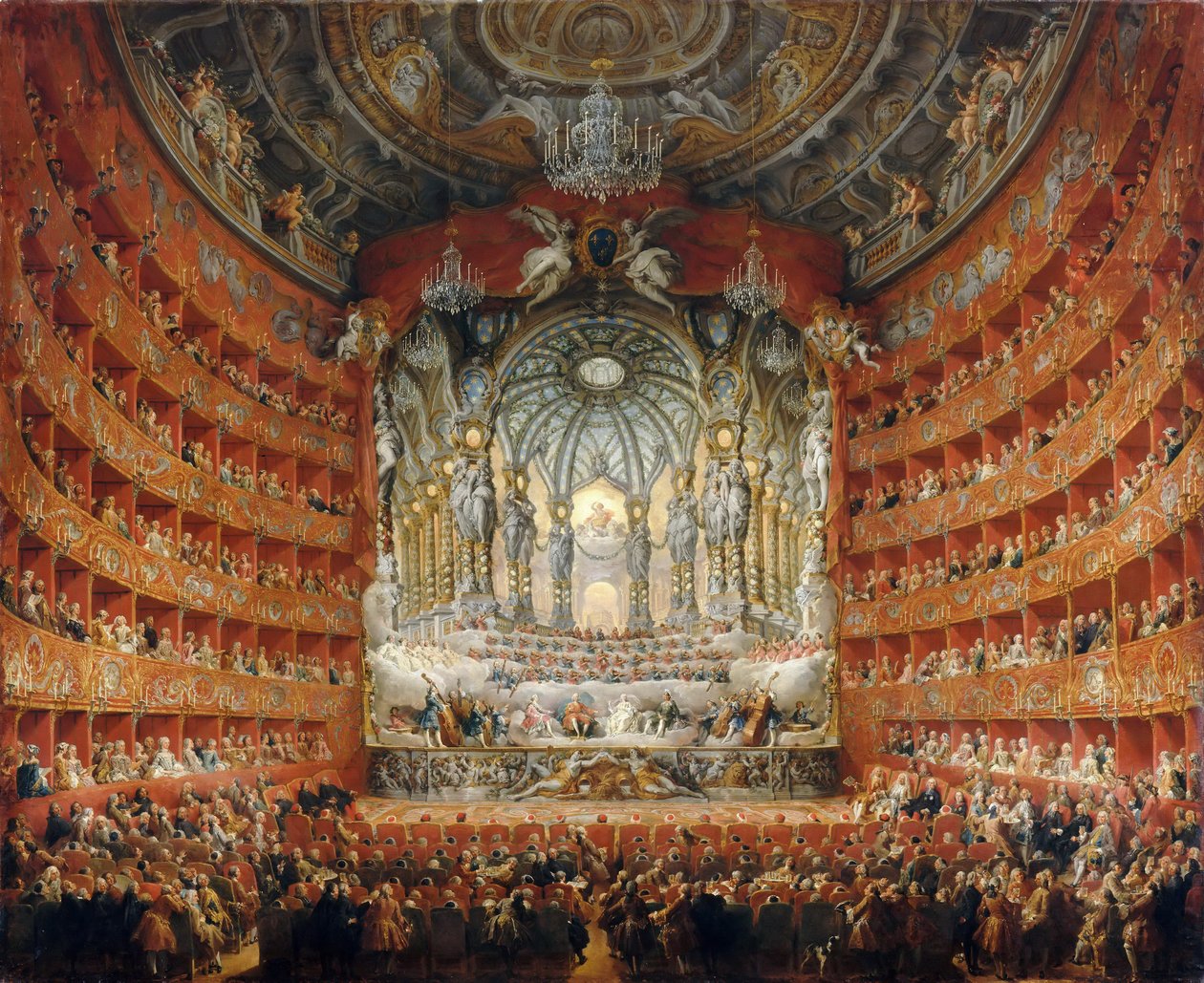 Zenés lakomát de La Rochefoucauld bíboros tartott a római Teatro Argentina-ban 1747-ben alkotó: Giovanni Paolo Pannini