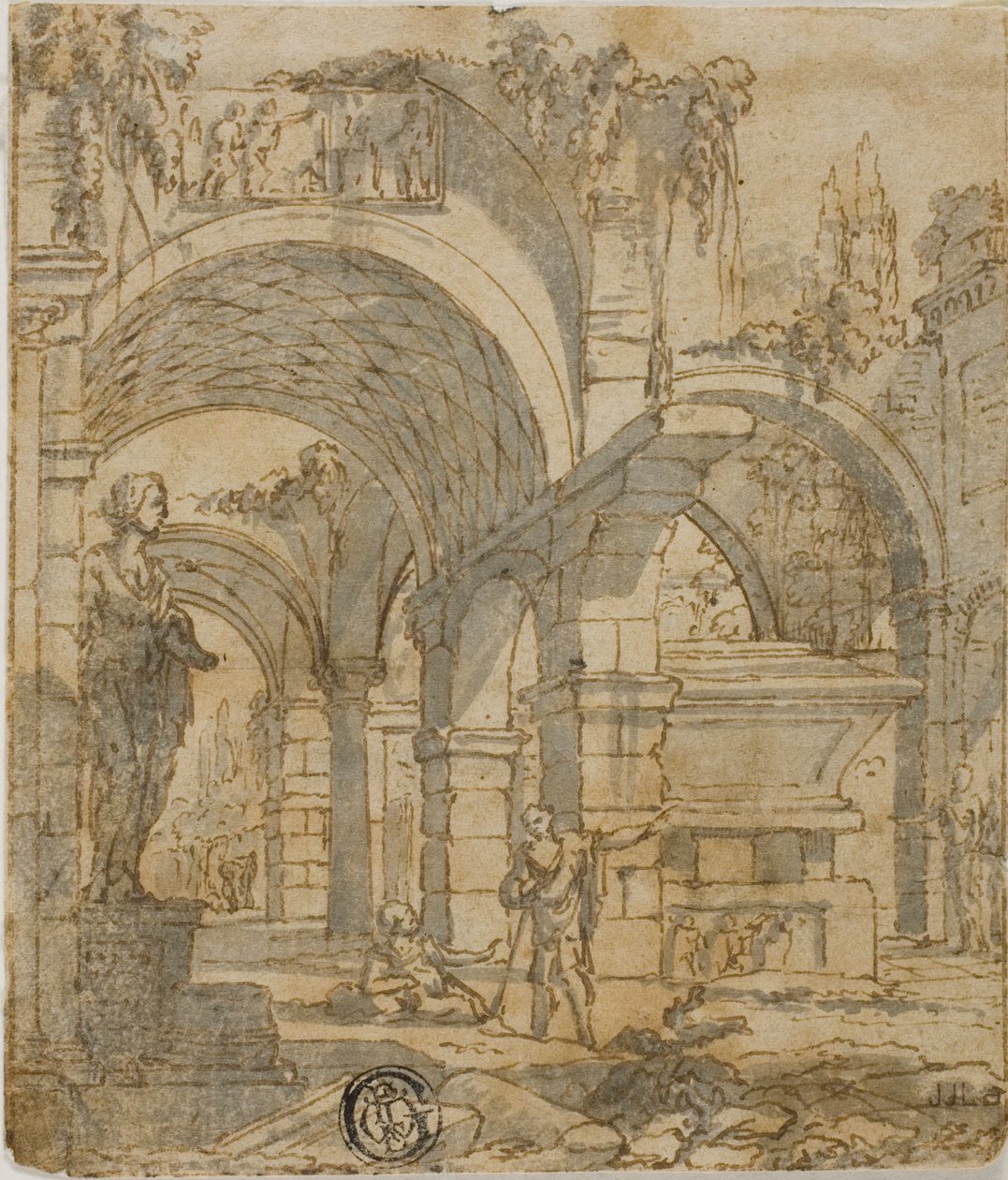 Római romok és két figura alkotó: Giovanni Paolo Panini