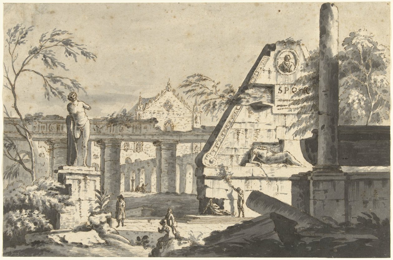 Táj ősi épületromokkal és szobrokkal alkotó: Giovanni Paolo Pannini (possibly)