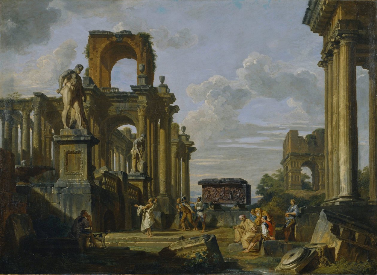 A Forum Romanum építészeti capriccioja filozófusokkal és katonákkal az ókori romok között alkotó: Giovanni Paolo Pannini