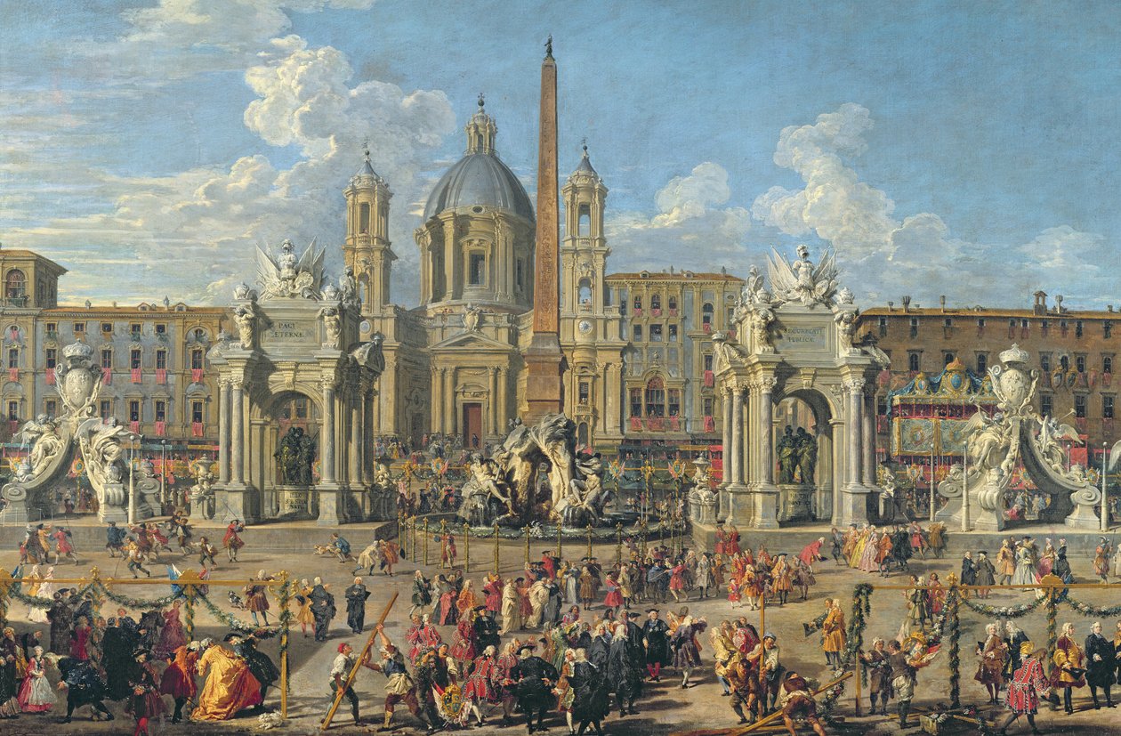 Felkészülés a Piazza Navonán, Rómában tartott tűzijátékra, a Dauphin születésének megünneplésére, 1729 (91023 részlet) alkotó: Giovanni Paolo Pannini