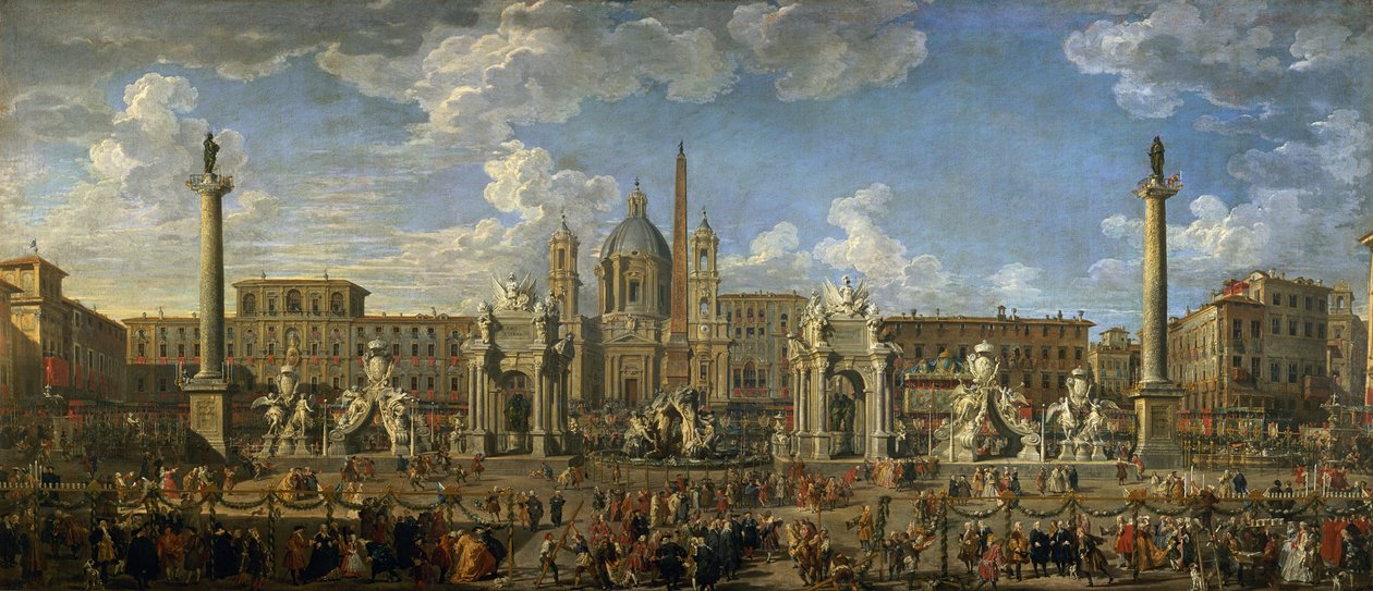Felkészülés a Rómában, a Piazza Navonán tartott tűzijátékra, a Dauphin születésének megünneplésére, 1729 alkotó: Giovanni Paolo Pannini