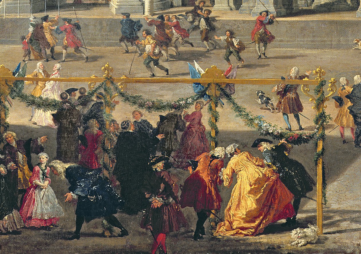 Felkészülés a Piazza Navonán, Rómában tartott tűzijátékra, a Dauphin születésének megünneplésére, 1729 (91023 részlet) alkotó: Giovanni Paolo Pannini