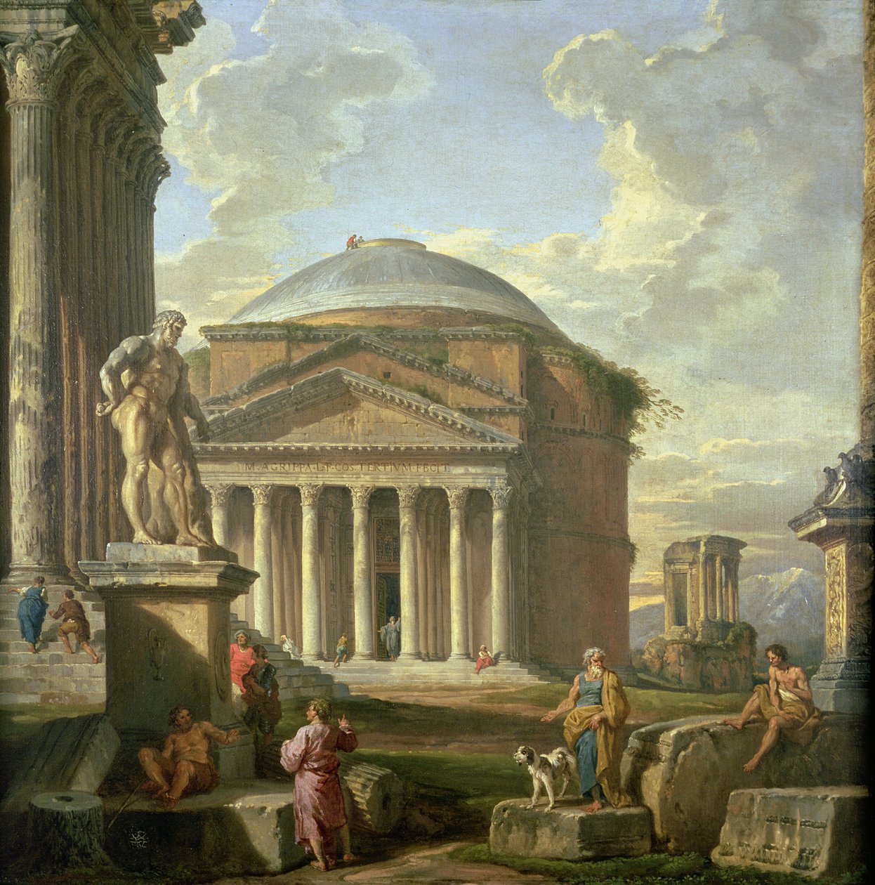 Kilátás a Pantheonra, a Farnese Herculesre és más római romokra alkotó: Giovanni Paolo Pannini