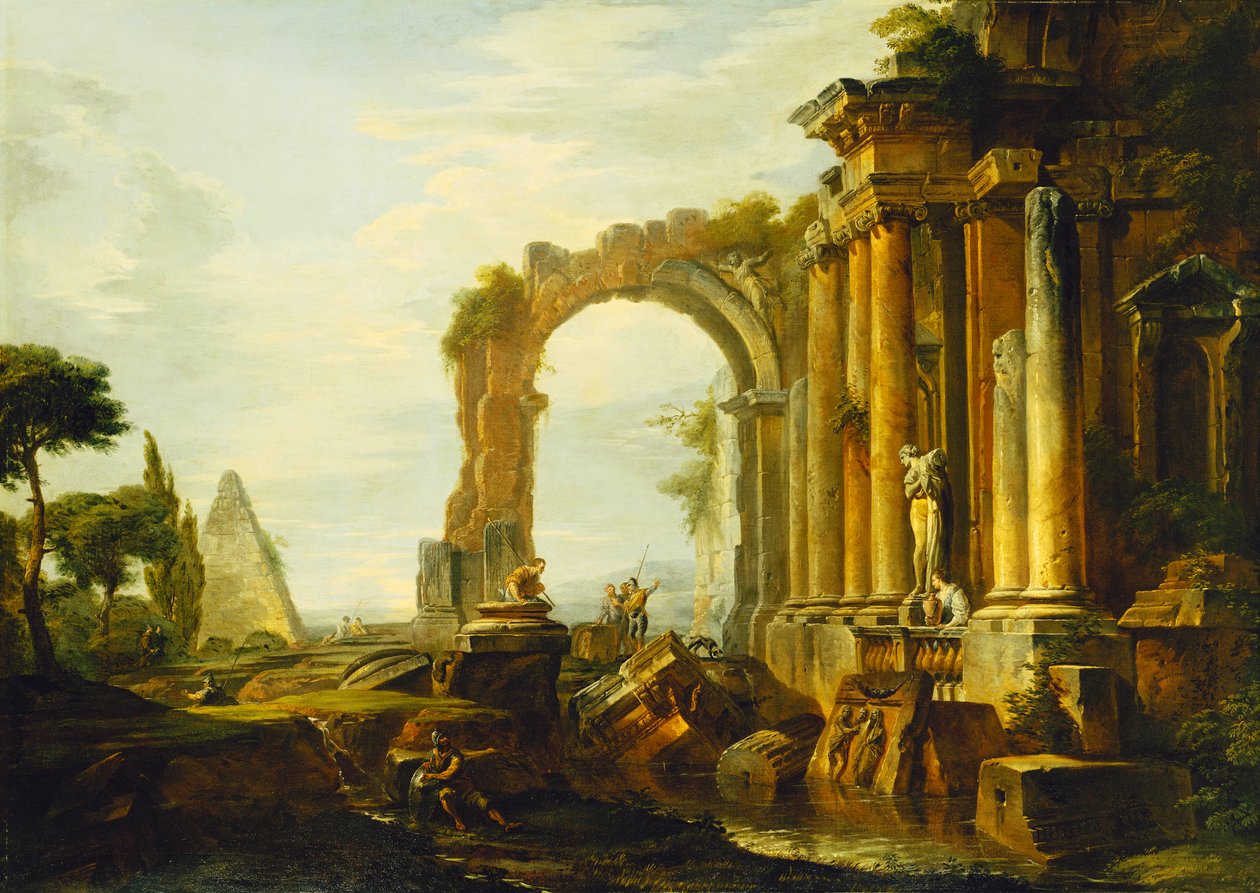 Klasszikus romok capriccioja Cestius piramisával és alakokkal a tájban, alkotó: Giovanni Paolo Pannini