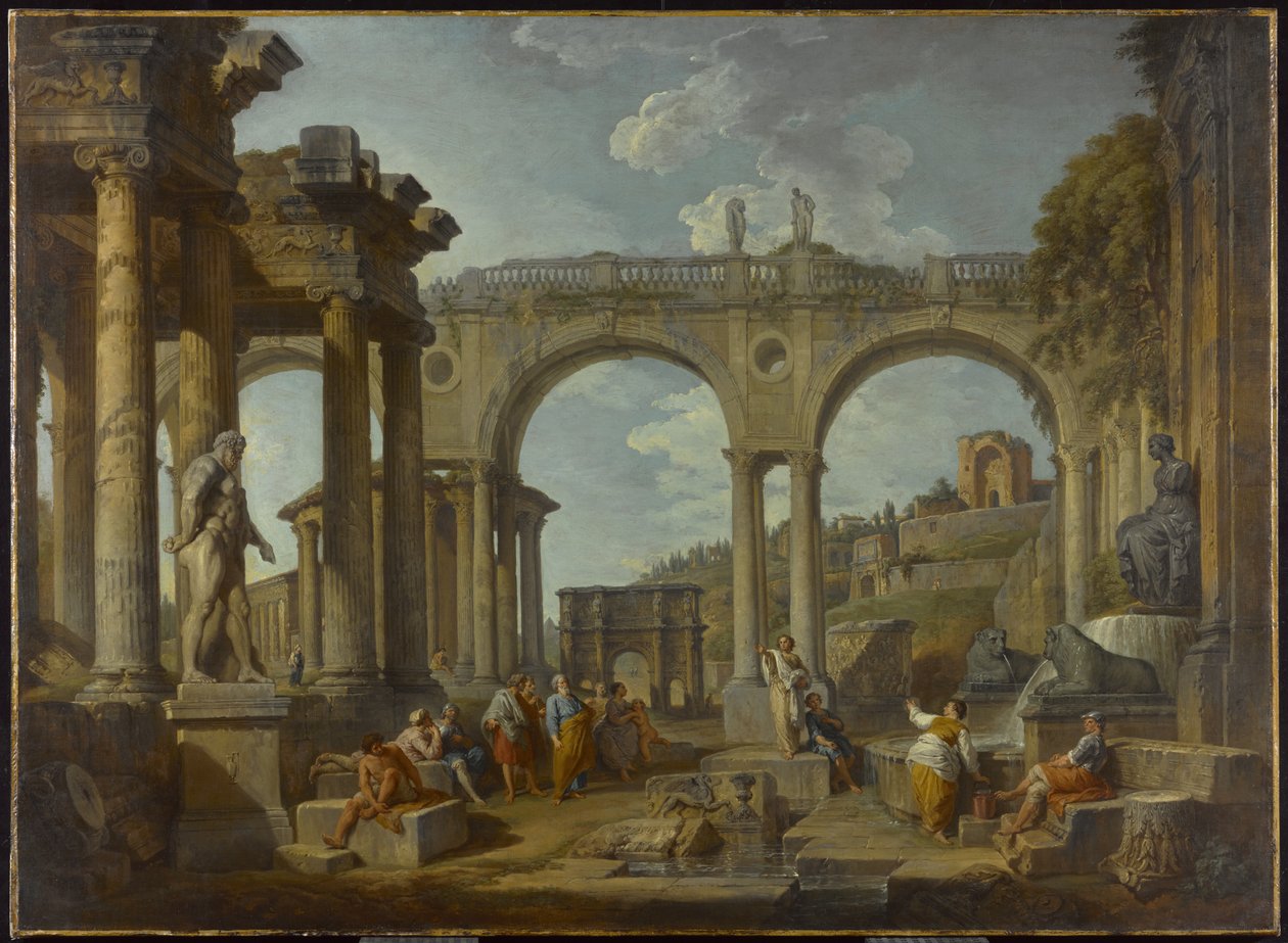 Római romok capriccioja Konstantin ívével, 1755 körül alkotó: Giovanni Paolo Pannini
