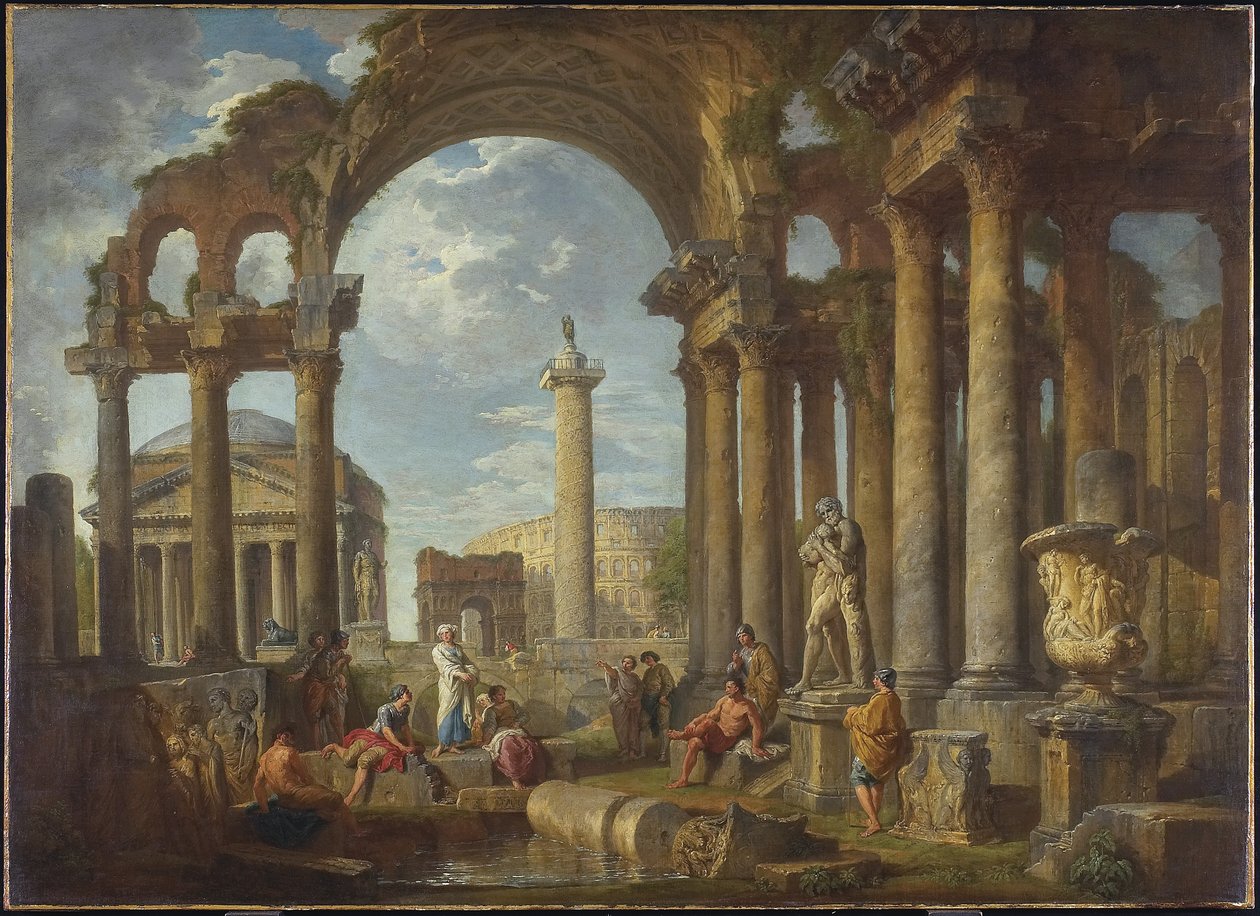 A római romok capriccioja a Pantheonnal, 1755 körül alkotó: Giovanni Paolo Pannini