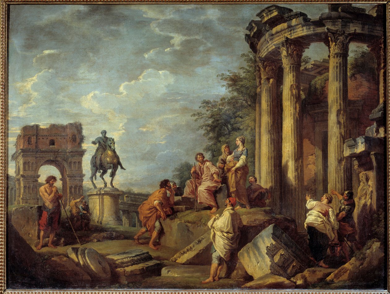 Építészeti romok Janus ívével, Vesta temploma és Marc Aurele (Marco Aurelio) szobra Giovanni Paolo Pannini (Panini) festménye (1691-1765) 18. század V. 0,79x0,87 m alkotó: Giovanni Paolo Pannini