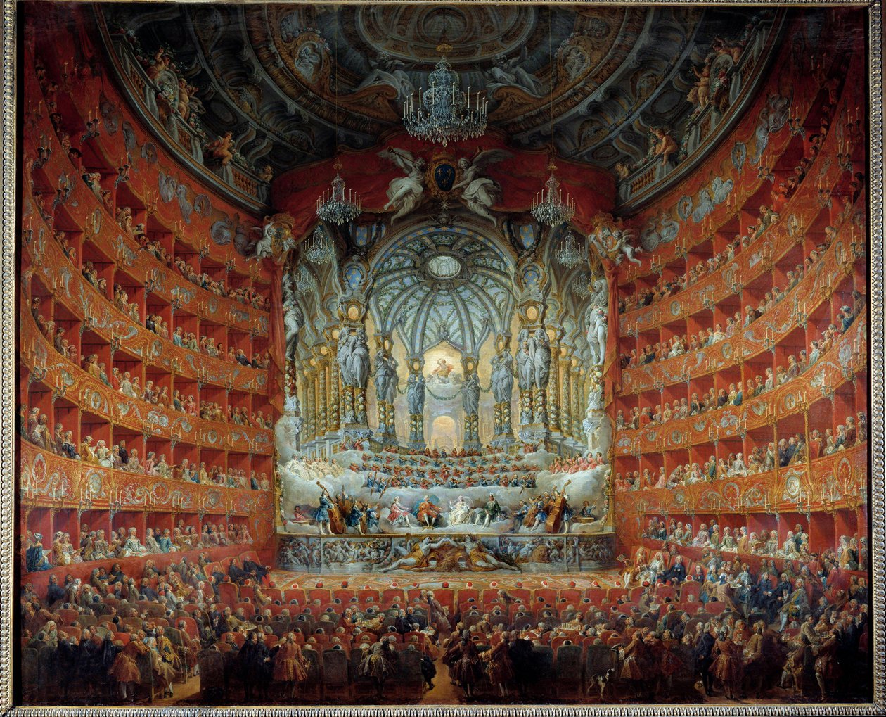 Koncert a római Argentina színházban 1747. július 15-én Louis de France (1729-1765) delfinnek, XV. Lajos fiának és a szászországi Marie Josephe-vel kötött házassága alkalmából. Giovanni Paolo Pannini (Panini) festménye (1691-1765) alkotó: Giovanni Paolo Pannini