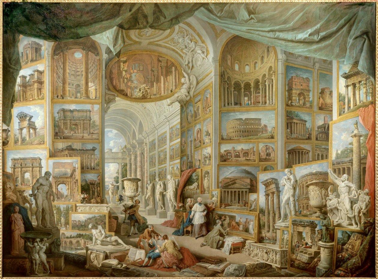 Egy gyűjtő galériája. Galéria az ókori Rómáról. Giovanni Paolo Pannini (Panini) festménye (1691-1765) alkotó: Giovanni Paolo Pannini
