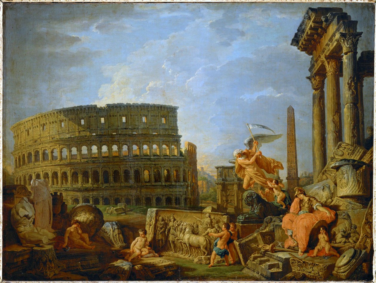 A Colosseum és a konstantinápolyi boltív a Római Birodalom hanyatlásának allegóriájával ... (festmény vászonra) alkotó: Giovanni Paolo Pannini or Panini